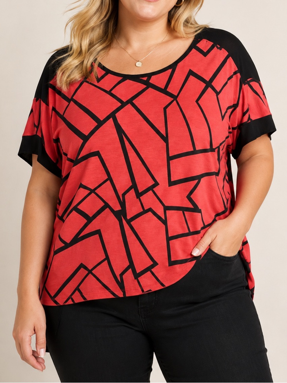 Geometric Print Hi-Low Blouse Coral Pink & Black Overlay Top PLUS Moda 3X